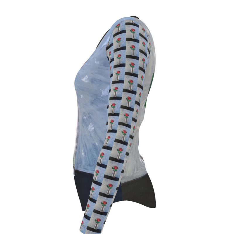 T-shirt femme gris à manches longues – Rose rouge artistique imprimée-CaroDiois