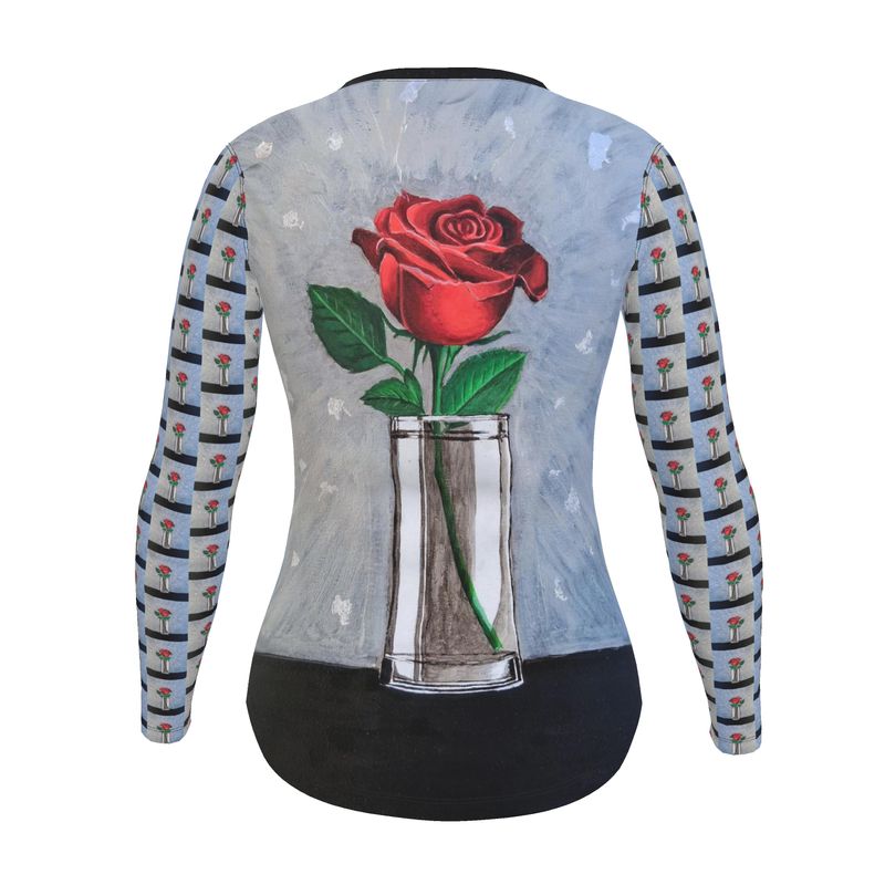 T-shirt femme gris à manches longues – Rose rouge artistique imprimée-CaroDiois