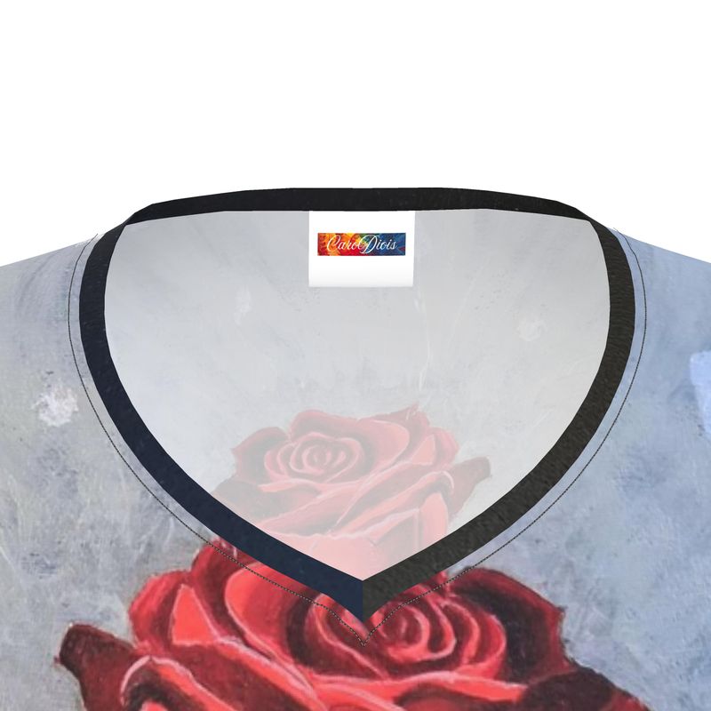 T-shirt femme gris à manches longues – Rose rouge artistique imprimée-CaroDiois