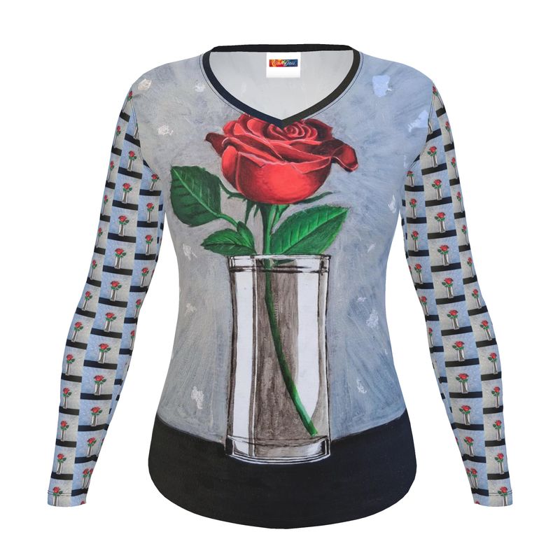 T-shirt femme gris à manches longues – Rose rouge artistique imprimée-CaroDiois
